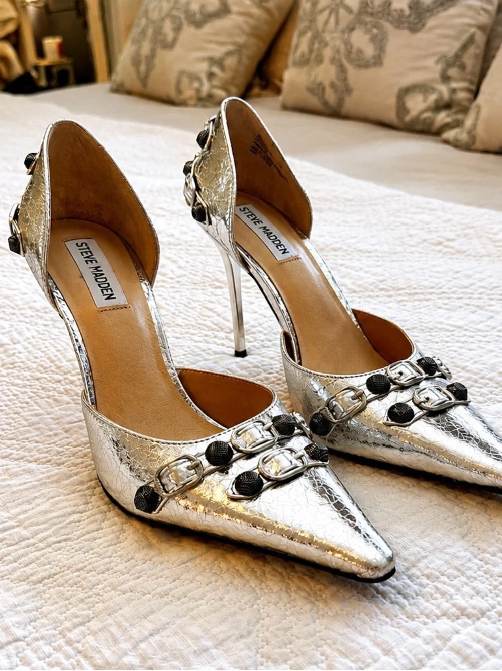 Steve Madden Metallic Silver Pointed D'Orsay Heels with Black Stud Detail